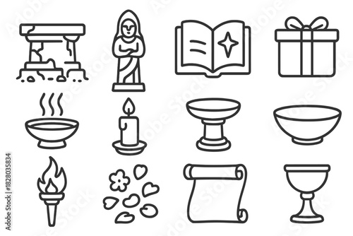Esoteric Temple Icons. Line style icons of Esoteric Temples: Crumbling Altar, Ancient Figurine, Lost Legend, Sacred Gifts; Incense
