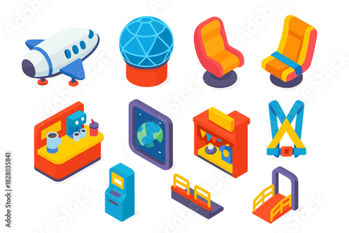 Space Tourism Icons. Isometric vector illustration set Space exploration – space tourism vehicle, viewing dome, seating pod;