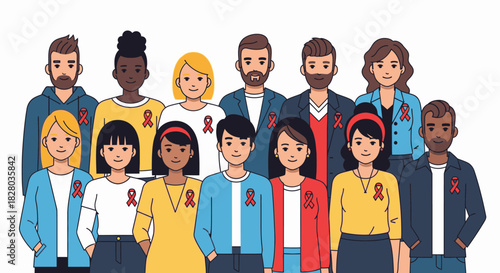 Illustration of a diverse group of people wearing red ribbons, symbolizing awareness.