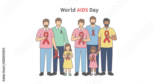 World AIDS Day illustration showing a diverse group of men and children holding red ribbons.