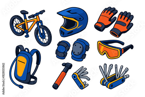 Outdoor Sports Gear Icons. Isometric vector illustration set Outdoor sports – mountain bike, full-face helmet, padded gloves; knee