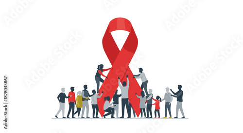 World AIDS Day: People standing around a red ribbon.