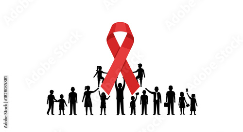 Silhouettes of a diverse community united under a large red ribbon for HIV and AIDS awareness and support.