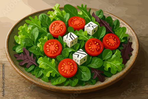 Vibrant Salad Delight. Freshly made salad with vibrant greens, tomatoes, and vector illustration feta cheese arranged on a rustic