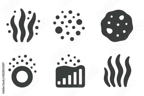 Glowing Algae Icons. Solid style icons of glowing algae clusters: algae bloom glyph, floating light dot icon, patch badge. Bioglow