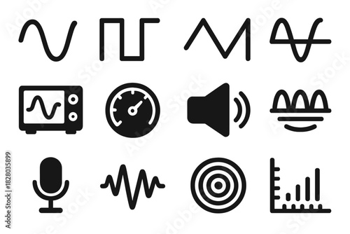 Analog Sound Wave Icons. Solid style icons of Analog Sound Waves: Sine Wave, Square Wave, Triangle Wave, Sawtooth Wave,