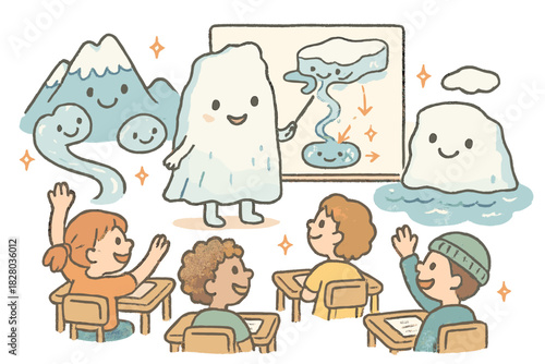Whimsical Cryosphere Classroom. Whimsical doodle cryosphere classroom with happy students, cartoon ice sheets, smiling subglacial