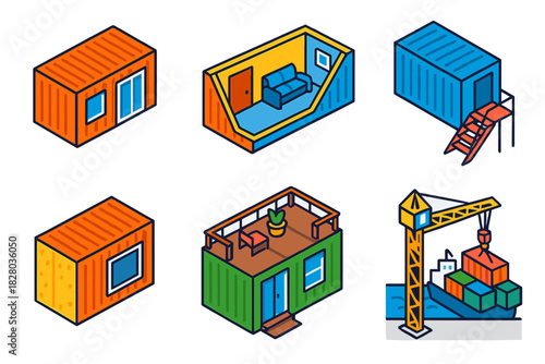Eco Container Architecture. Isometric vector illustration set Eco construction – upcycled shipping container, cutaway module,