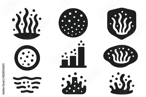 Glowing Algae Icons. Solid style icons of glowing algae clusters: algae bloom glyph, floating light dot icon, patch badge. Bioglow