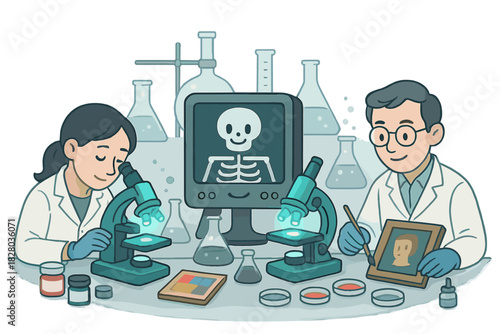 Luminous Lab Exploration. Scientific analysis lab with glowing microscopes, smiling x-ray machines, and conservators studying