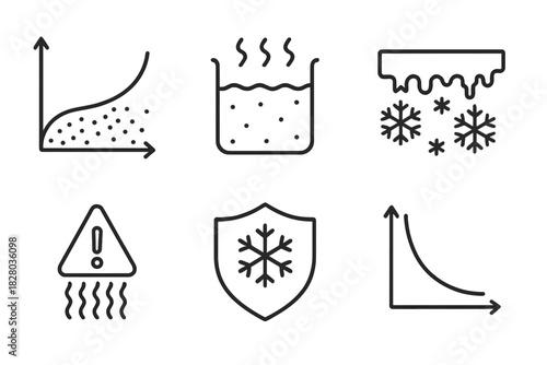 Cryogenic Fluid Icons. Line style icons of cryogenic fluid behavior: vapor phase diagram, boiling point chart, frost line icon,