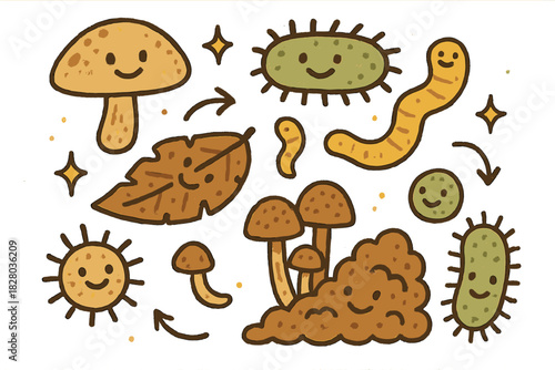 Smiling Decomposition. Playful doodle experimental decay illustration with happy modern organisms, cartoon bacteria and fungi with