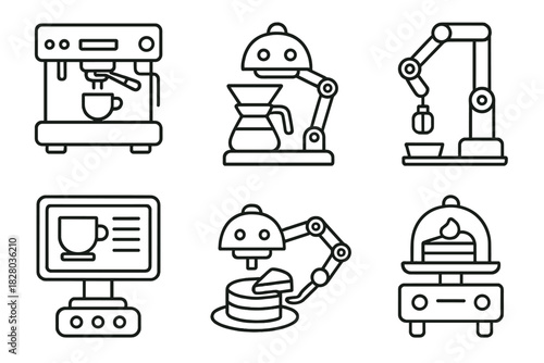 Robotic Cafe Tools Icons. Line style icons of robotic cafe tools: espresso machine bot, coffee brewing robot, milk frother arm,