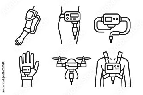 Wearable Tattoo Robots. Line style icons of wearable robotic tattoo devices: arm-mounted tattoo robot, thigh-hugging ink unit,