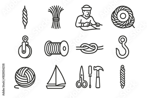 Nautical Fiber Icons. Line style icons of Nautical Fiber Art: Twisting Fibers, Hemp, Sailor's Craft, Coil; Pulley, Rope Spool,