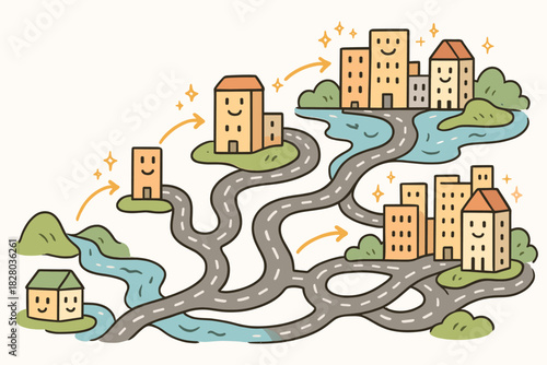 Magical City Growth. Magical doodle city evolution scene with smiling buildings, cartoon roads expanding, cheerful rivers and