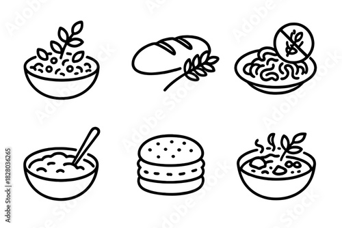 Culinary Grain Icons. Line style icons of culinary uses: grain salad bowl, ancient grain bread loaf, gluten-free pasta plate,