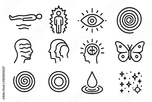 Altered Mind Icons. Line style icons of altered states: floating body, glowing aura, eye with rays, spiral tunnel; shifting face,