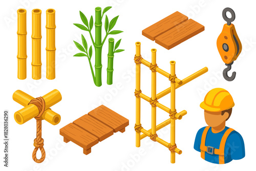 Eco Construction Elements. Isometric vector illustration set Eco construction – bamboo scaffolding poles, lashings rope, platform