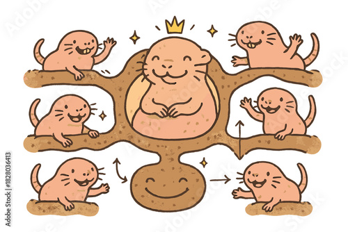 Cheerful Mole-Rat Colony. Whimsical doodle naked mole-rat colony with smiling tunnels, cartoon mole-rats waving, cheerful queen