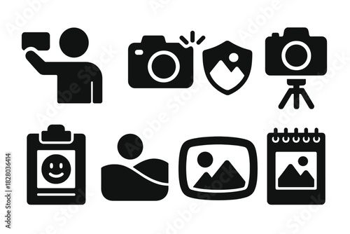 Scenic Photo Icons. Solid style icons of scenic photo moments: selfie glyph, camera click icon, viewpoint badge. Tripod ring,