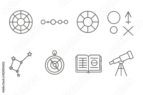 Astrological Tools Icons. Line style icons of Astrological Tools: Birth Chart, Planet Alignment, House Segmentation, Zodiac Sign;