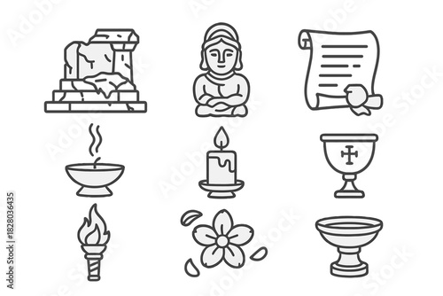 Esoteric Temple Icons. Line style icons of Esoteric Temples: Crumbling Altar, Ancient Figurine, Lost Legend, Sacred Gifts; Incense