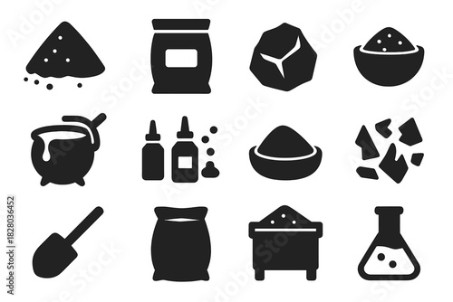 Raw Material Icons. Solid style icons of raw materials: silica sand, soda ash bag, limestone rock, batch mixture, melting pot,