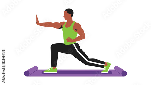 Muscular Man Performing Fitness Lunge or Martial Arts Stance on Yoga Mat. Vector Illustration of Workout Training and Healthy Lifestyle.