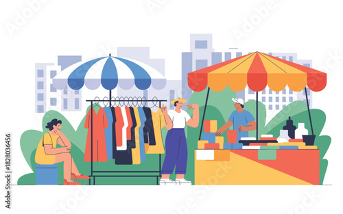 Outdoor Market Scene: Shoppers Browsing Clothing and Goods at Stalls with Colorful Awnings in an Urban Setting, Vector Illustration