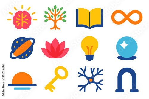 Mind Expansion Icons. Flat vector icons of Mind Expansion: radiant brain, fractal tree, open book, infinite spiral, cosmic seed,