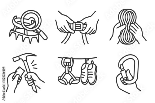 Gear Inspection Icons. Line style icons of gear inspection and maintenance: checking crampon spikes, tightening harness buckle,