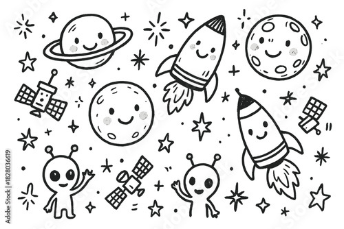 Whimsical Space Doodles. Whimsical doodle outer space with rockets smiling, planets with faces, tiny aliens waving, stars
