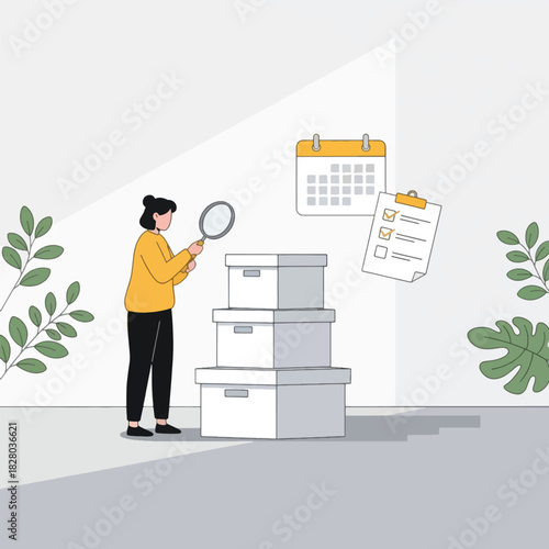 Woman examining stacked storage boxes with a magnifying glass near a calendar and checklist