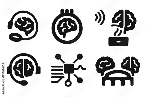 Brain-Computer Interface Icons. Solid style icons of brain-computer interfaces: neural link icon, signal port badge,