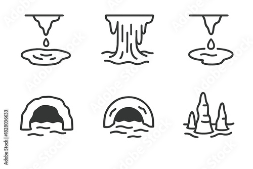 Underground Water Icons. Line style icons of underground water features: dripstone pool, flowstone cascade, slow drip icon,