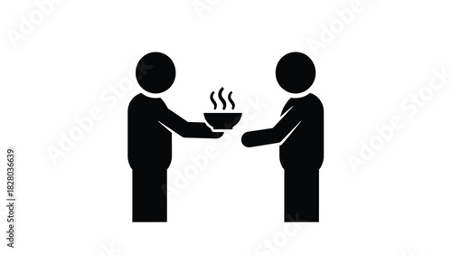 Food Donation and Assistance Icon. Vector illustration of one person handing a steaming bowl of food (hot meal) to another, symbolizing charity, compassion, and social help.