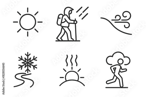 Ultra-Race Weather Icons. Line style icons of weather conditions in ultra-races: sunny day icon, rainy gear figure, wind gust over