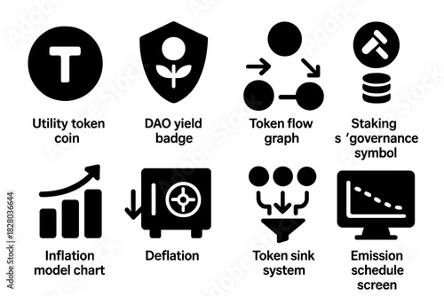 DAO Tokenomics Icons. Solid style icons of DAO tokenomics: utility token coin, DAO yield badge, token flow graph. Staking icon