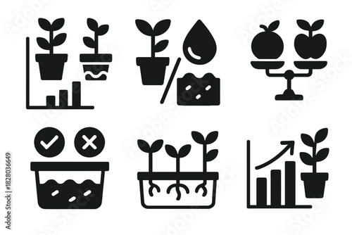 Hydroponics Icon Collection. Line style icons of Hydroponics: hydroponic comparison chart, soil vs water icon, yield comparison