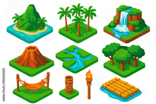 Tropical Mountain Vistas. Isometric vector illustration set Mountain landscapes – tropical mountain isle, palm grove, waterfall