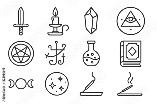 Arcane Tools Icons. Line style icons of Arcane Tools: Ritual Dagger, Candlestick, Crystal, Hidden Symbol; Occult Seal, Sigil,