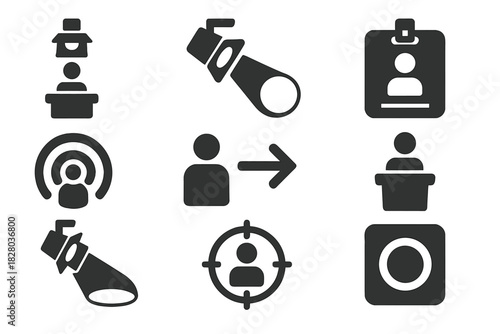 Spotlight System Icons. Solid style icons of speaker spotlight systems: lighting on lecturer glyph, follow beam icon, stage badge.