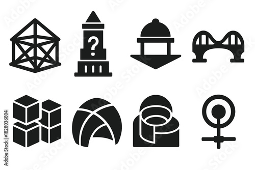 Speculative Architecture Icons. Solid style icons of speculative architecture: quantum house frame, uncertainty tower,