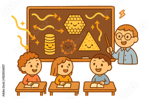Nano-Optics Joy. Adorable doodle nano-optics classroom with smiling students, cartoon beams of light, cheerful simplified