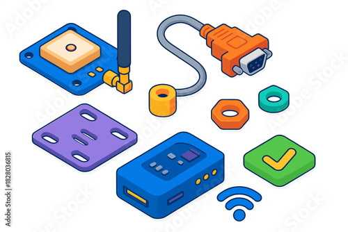 Robotics Components Icons. Isometric vector illustration set Robotics kits – GPS module, antenna patch, serial cable; mount plate,