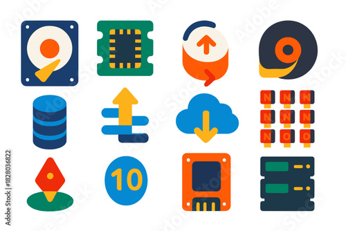 Colorful Data Storage Icons. Flat vector icons of applications in data storage: hard disk icon, memory chip, spintronic device,