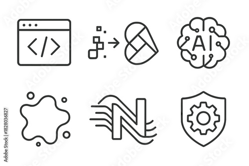 AI Logo Icons. Line style icons of AI-generated logos: code-to-logo symbol, pixel to vector transition, geometric emblem from AI,