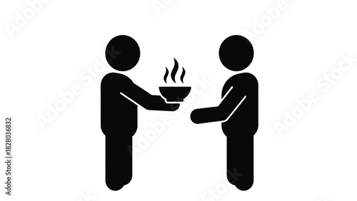 Food Donation Icon Vector Illustration. Person Giving Bowl of Hot Meal Pictogram. Charity, Hunger Relief, and Helping Hand Symbol
