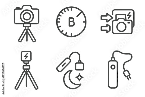 Camera Setup Icons. Line style icons of technical setups: camera on tripod, long exposure dial, remote shutter control, rear